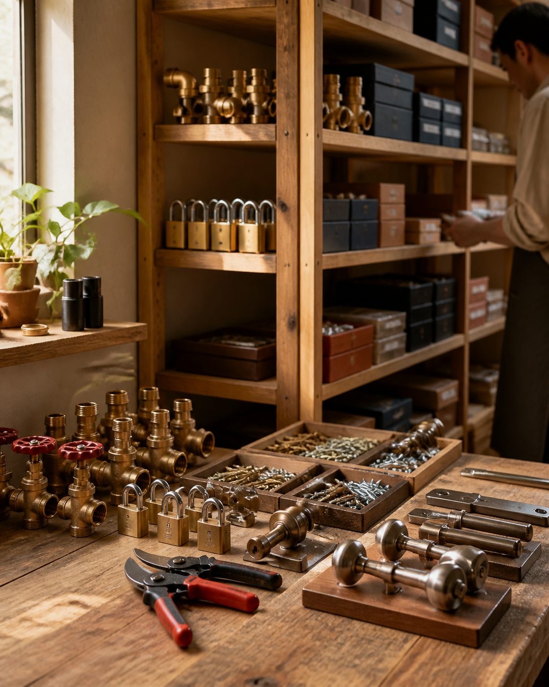 A carefully organised hardware workbench with fittings, padlocks, fasteners and door hardware