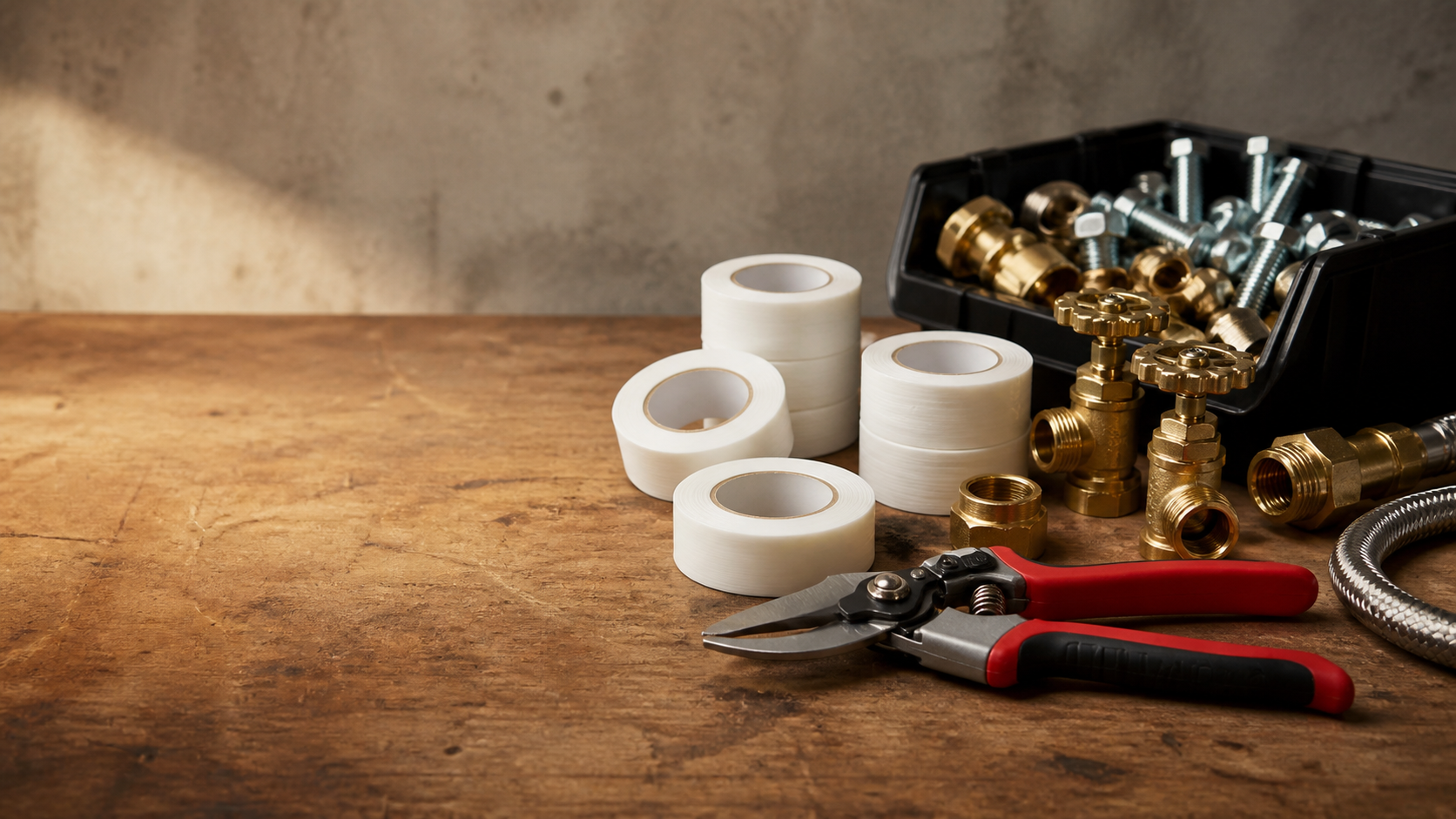 A workbench arranged with tapes, fittings, fasteners and pruning shears